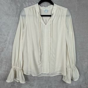 Sundance Top Womens Extra Small Cream Silk Bell Sleeve Tie V Neck Boho Peasant